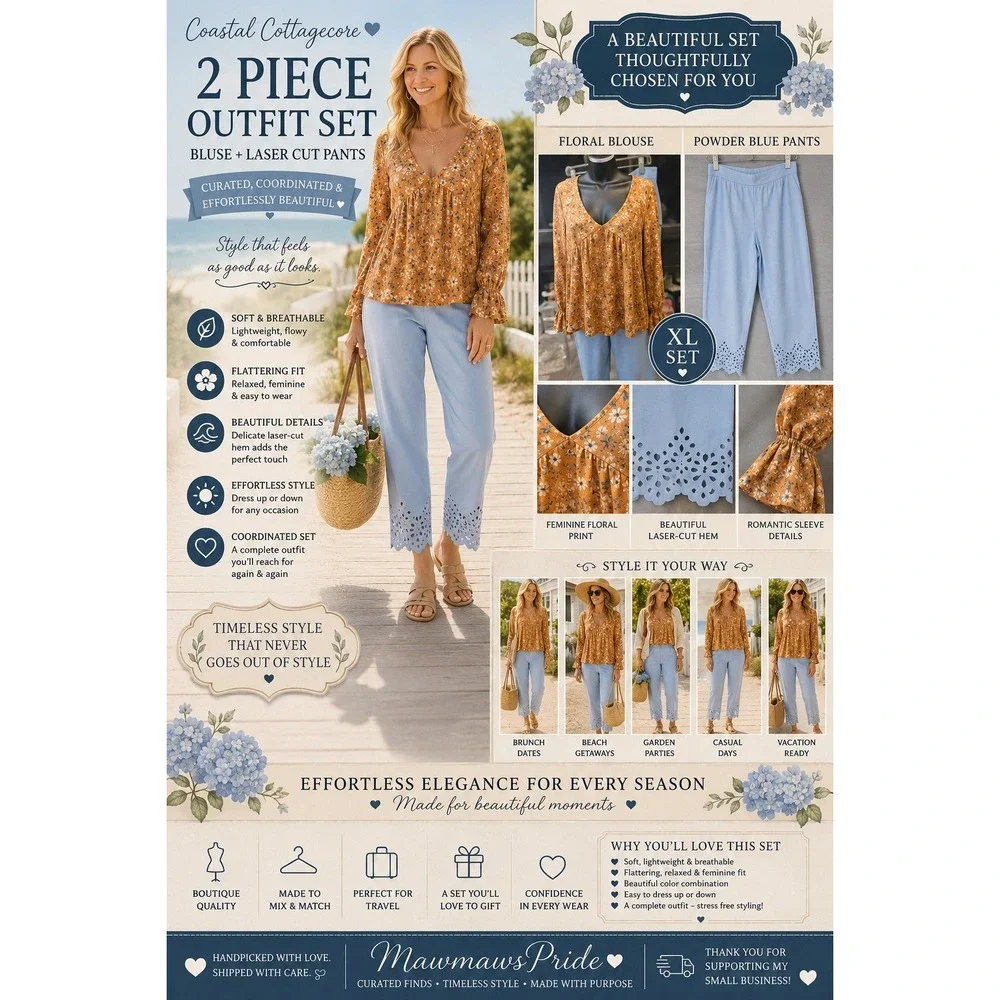 Coastal Cottagecore‎ 2 Piece Set Blue Eyelet Pants Floral Boho XL